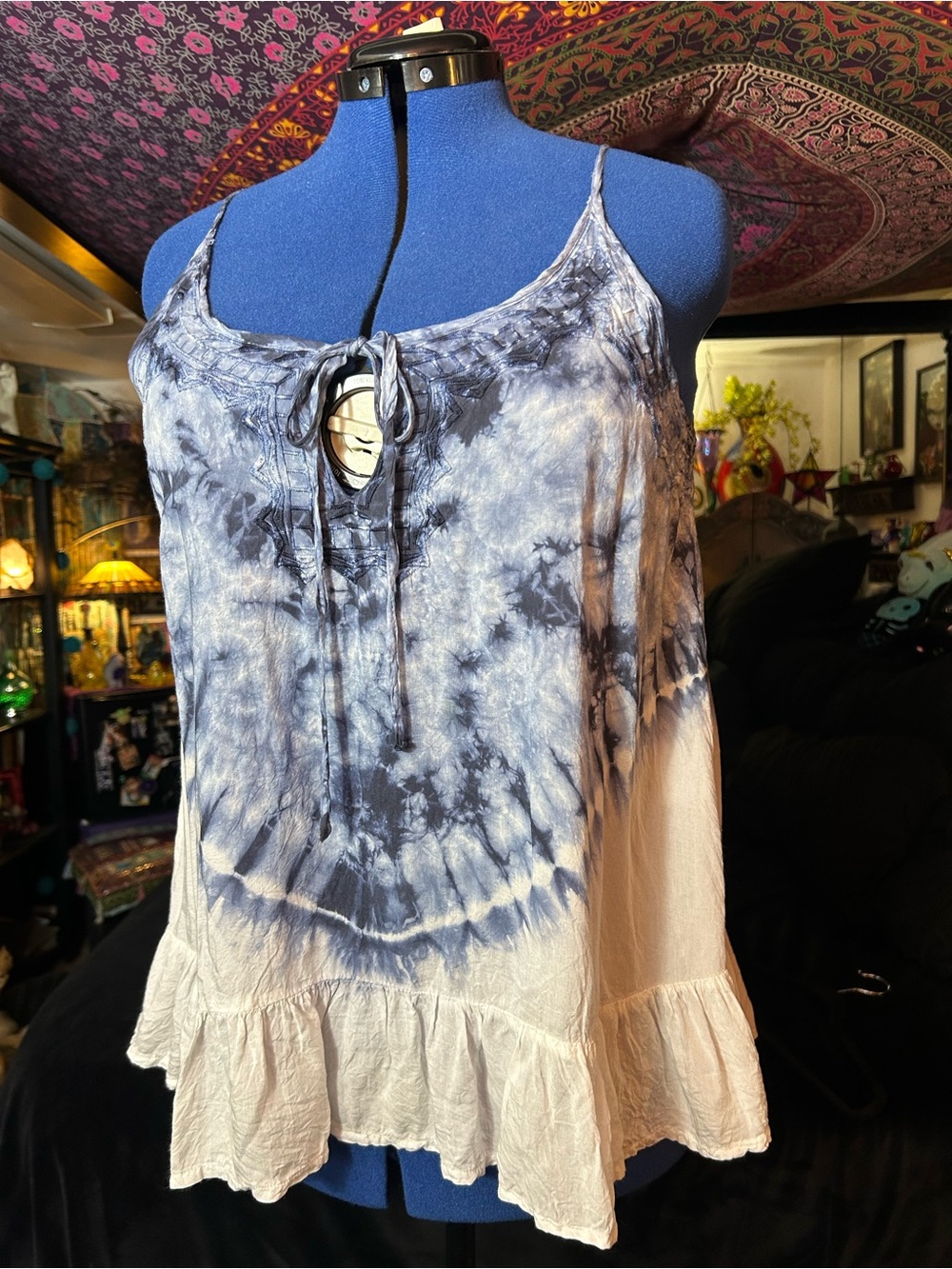 Roper Boho Tie-Dye Spaghetti Strap Tank Top - Blue & White size L 🌻NWOT